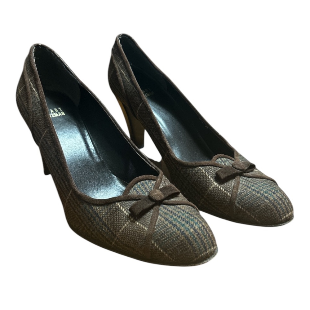Stuart Weitzman Brown Plaid Heel with Suede Bow and trim size:9.5 M